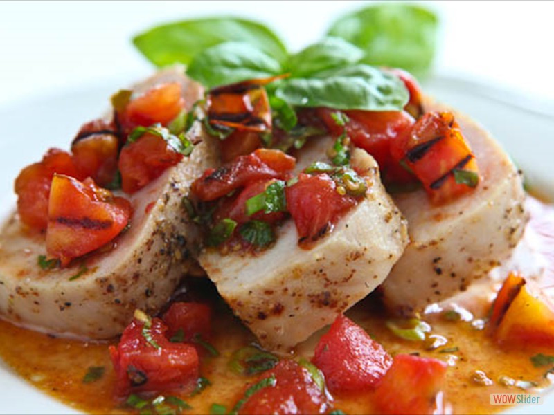 Pork fillet with basil and Roasted tomato salsa